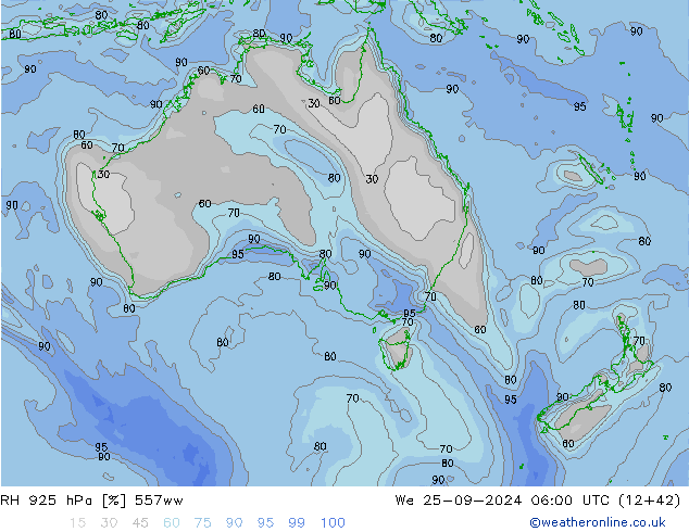 Humidité rel. 925 hPa 557ww mer 25.09.2024 06 UTC