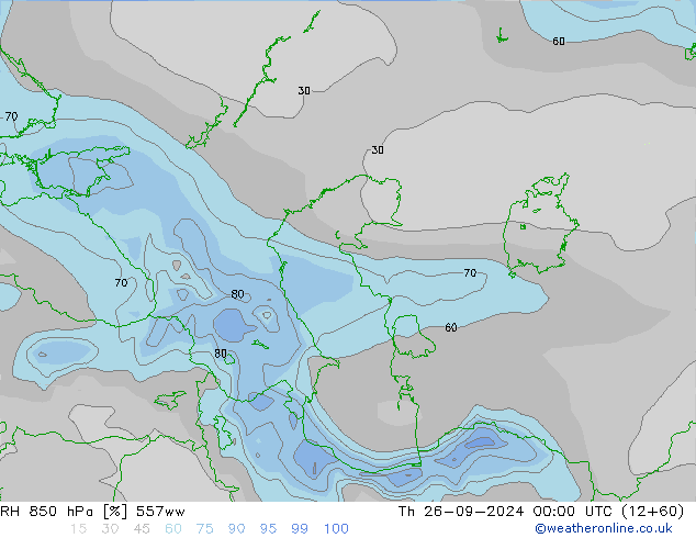 Humedad rel. 850hPa 557ww jue 26.09.2024 00 UTC