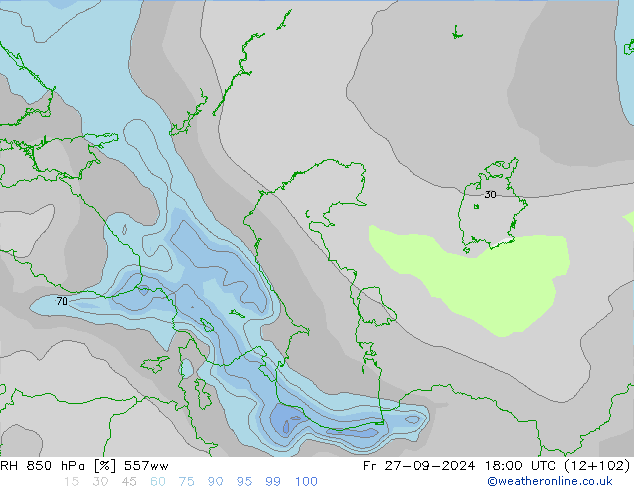 RH 850 hPa 557ww Fr 27.09.2024 18 UTC