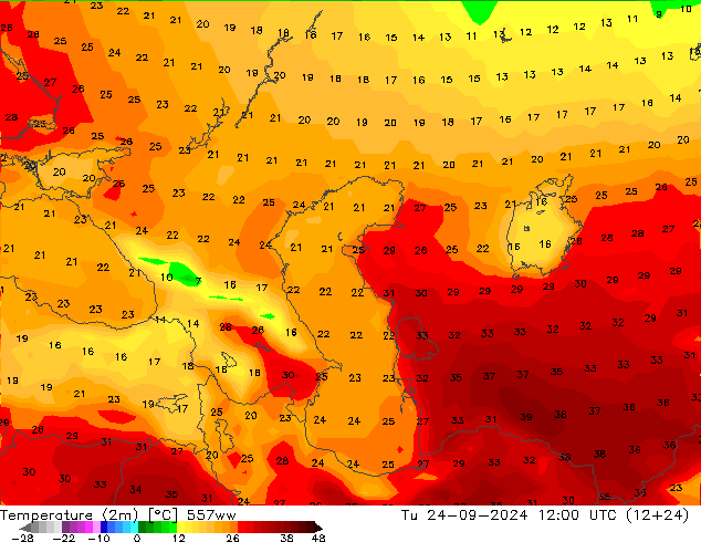 Temperature (2m) 557ww Út 24.09.2024 12 UTC