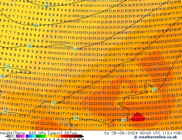 Height/Temp. 925 гПа 557ww сб 28.09.2024 00 UTC