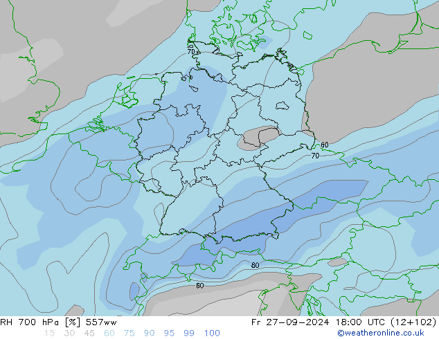 Humedad rel. 700hPa 557ww vie 27.09.2024 18 UTC