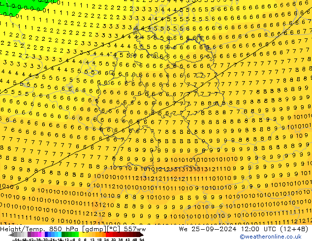 Height/Temp. 850 hPa 557ww  25.09.2024 12 UTC