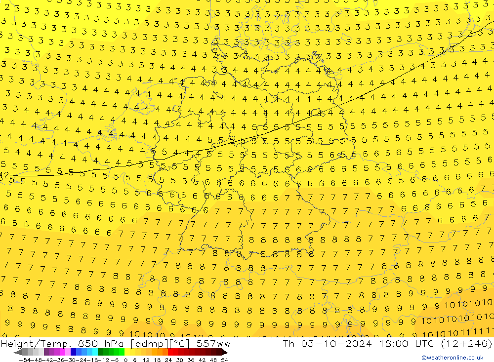 Hoogte/Temp. 850 hPa 557ww do 03.10.2024 18 UTC