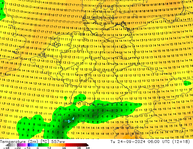 mapa temperatury (2m) 557ww wto. 24.09.2024 06 UTC