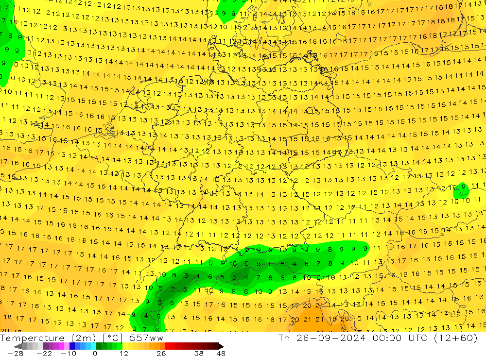 Temperatura (2m) 557ww jue 26.09.2024 00 UTC