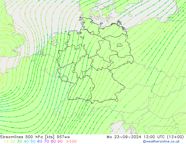 Linia prądu 500 hPa 557ww pon. 23.09.2024 12 UTC