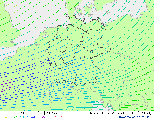 Línea de corriente 500 hPa 557ww jue 26.09.2024 00 UTC