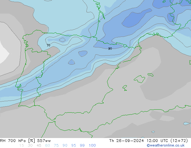 Humidité rel. 700 hPa 557ww jeu 26.09.2024 12 UTC