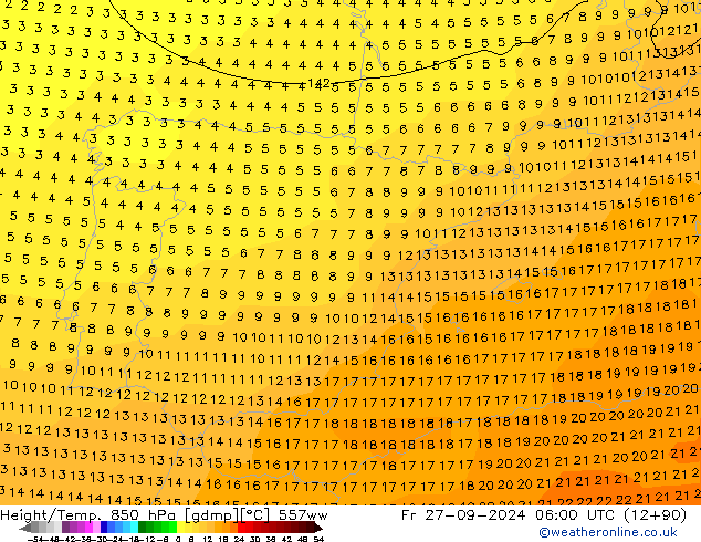 Height/Temp. 850 гПа 557ww пт 27.09.2024 06 UTC