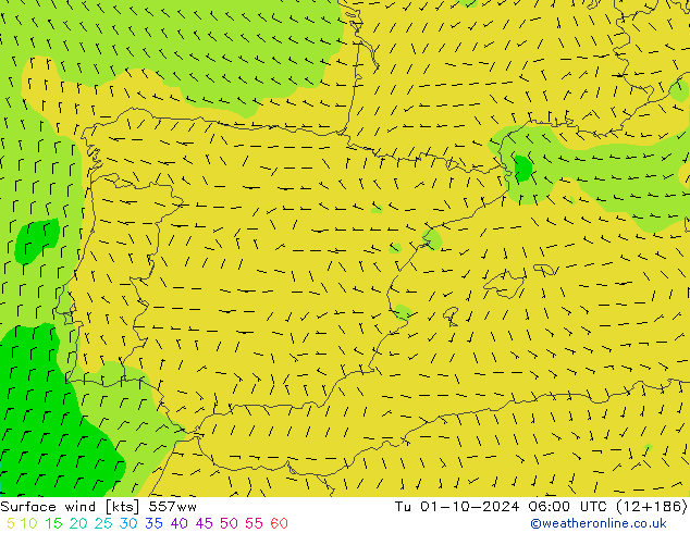 Surface wind 557ww Út 01.10.2024 06 UTC