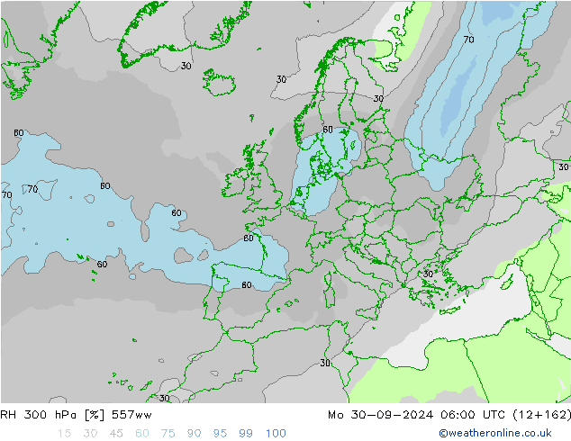 RH 300 hPa 557ww Mo 30.09.2024 06 UTC