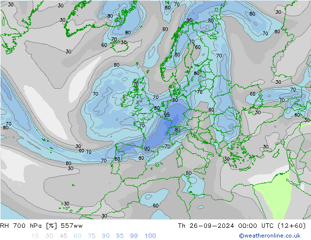 RH 700 hPa 557ww Th 26.09.2024 00 UTC