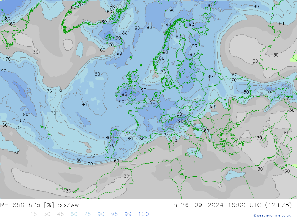 Humidité rel. 850 hPa 557ww jeu 26.09.2024 18 UTC