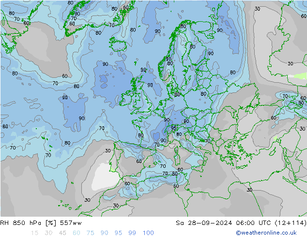 RH 850 гПа 557ww сб 28.09.2024 06 UTC