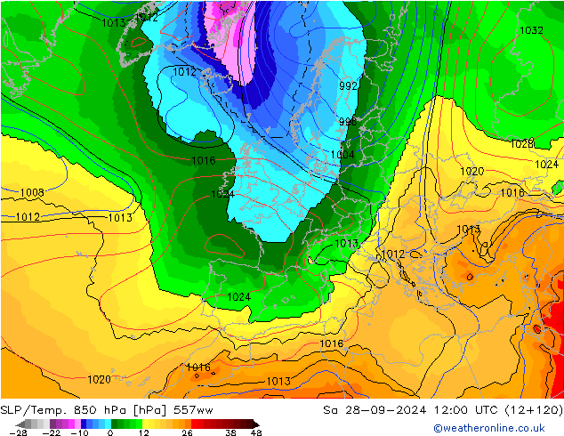 SLP/Temp. 850 hPa 557ww So 28.09.2024 12 UTC