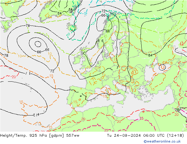 Height/Temp. 925 hPa 557ww Út 24.09.2024 06 UTC