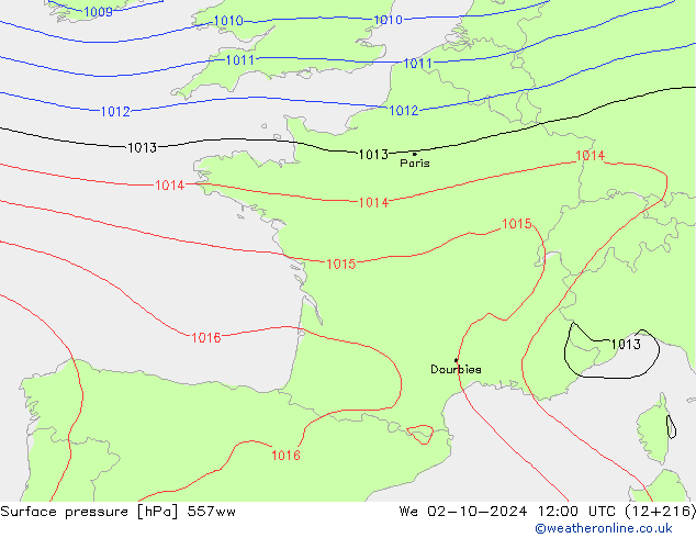 Surface pressure 557ww We 02.10.2024 12 UTC