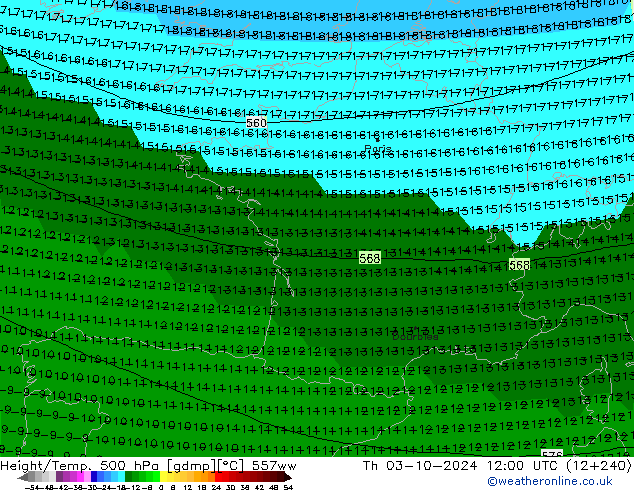 Height/Temp. 500 hPa 557ww Qui 03.10.2024 12 UTC