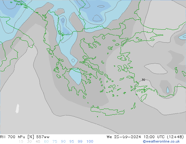 Humedad rel. 700hPa 557ww mié 25.09.2024 12 UTC