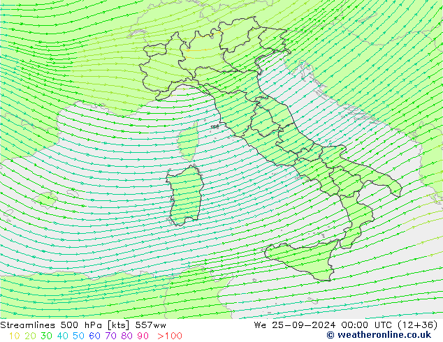 Línea de corriente 500 hPa 557ww mié 25.09.2024 00 UTC