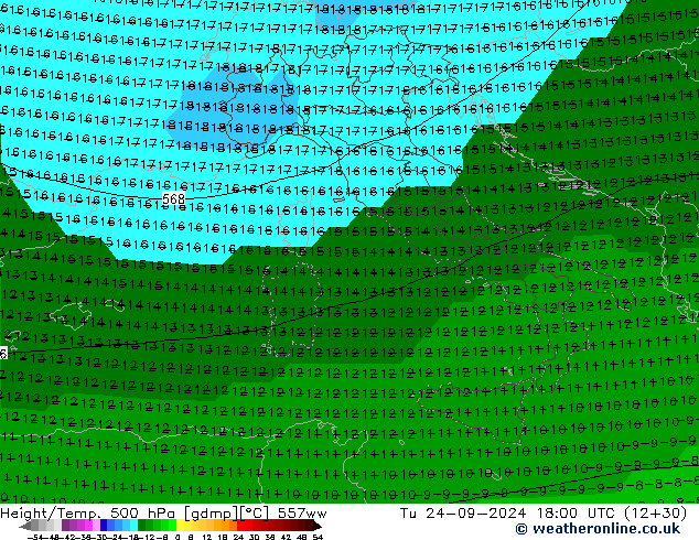 Height/Temp. 500 hPa 557ww wto. 24.09.2024 18 UTC