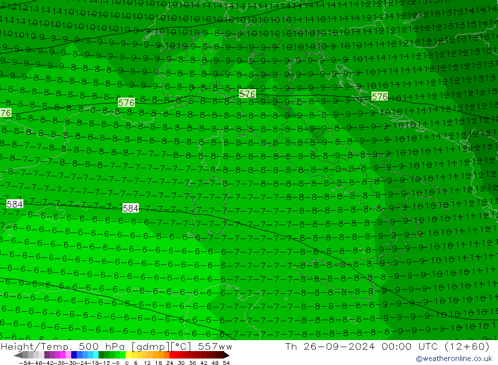 Height/Temp. 500 гПа 557ww чт 26.09.2024 00 UTC