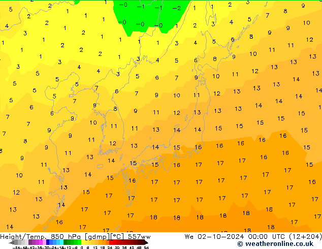 Géop./Temp. 850 hPa 557ww mer 02.10.2024 00 UTC