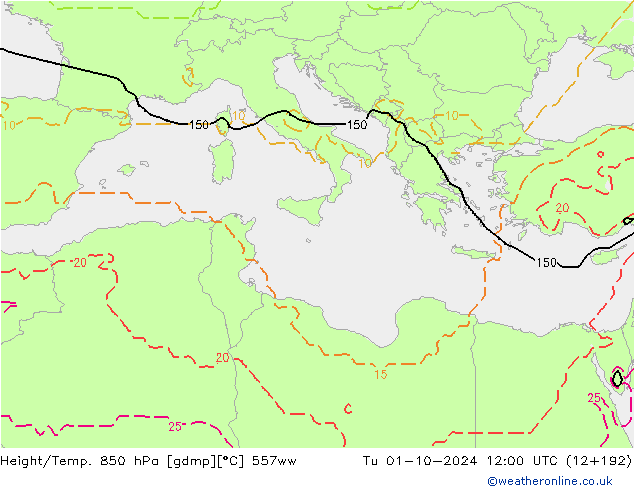 Height/Temp. 850 hPa 557ww Tu 01.10.2024 12 UTC