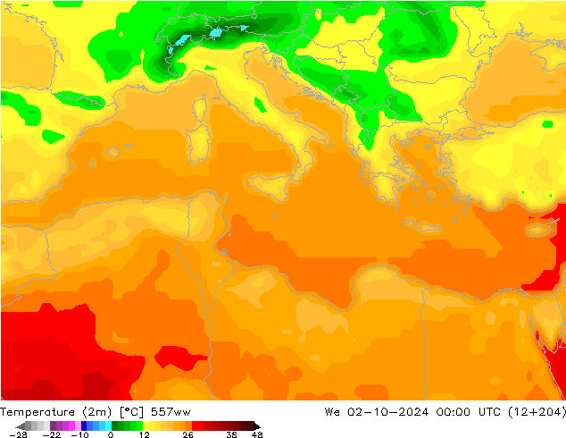 Temperature (2m) 557ww We 02.10.2024 00 UTC