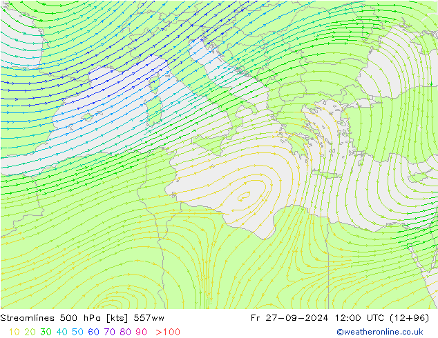 Línea de corriente 500 hPa 557ww vie 27.09.2024 12 UTC