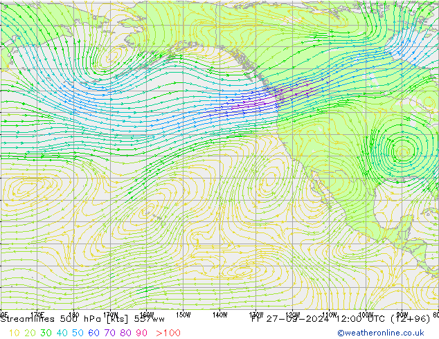 Línea de corriente 500 hPa 557ww vie 27.09.2024 12 UTC