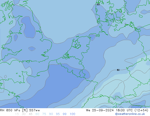 850 hPa Nispi Nem 557ww Çar 25.09.2024 18 UTC