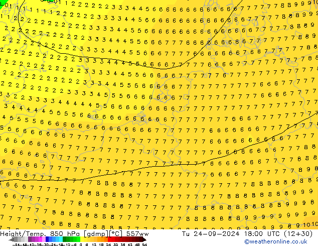 Height/Temp. 850 hPa 557ww Tu 24.09.2024 18 UTC