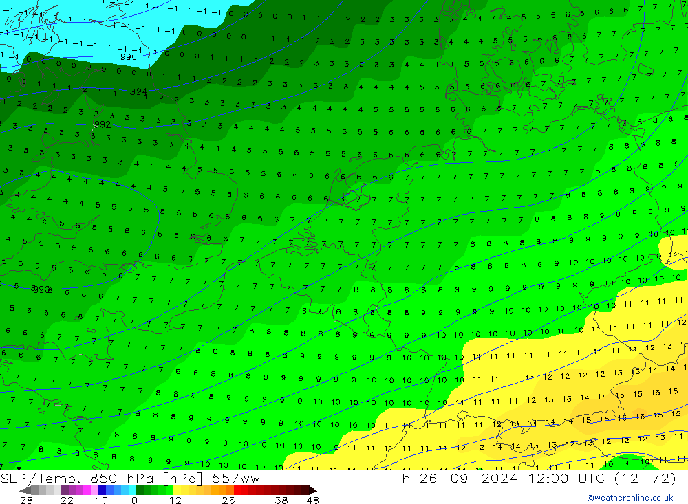 SLP/Temp. 850 hPa 557ww Th 26.09.2024 12 UTC