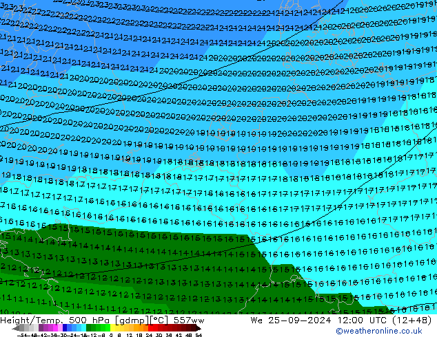 Height/Temp. 500 гПа 557ww ср 25.09.2024 12 UTC