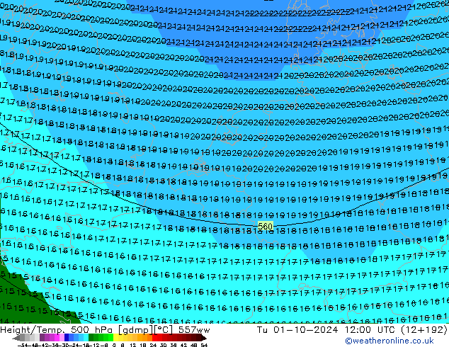 Height/Temp. 500 hPa 557ww Tu 01.10.2024 12 UTC