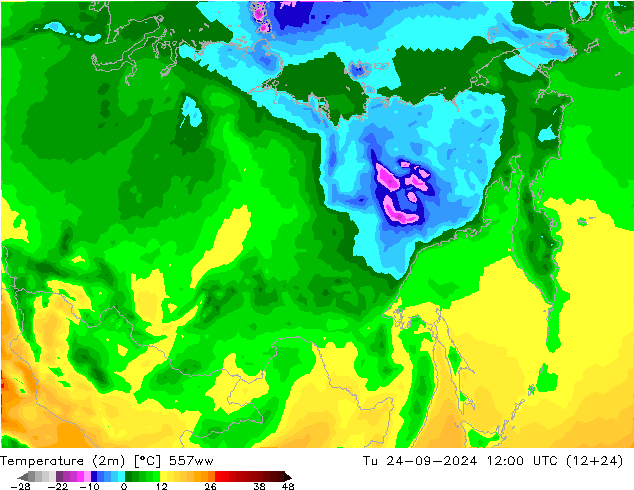 mapa temperatury (2m) 557ww wto. 24.09.2024 12 UTC