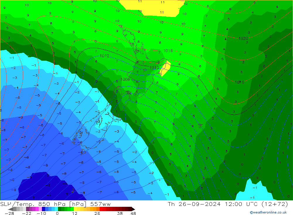 SLP/Temp. 850 hPa 557ww  26.09.2024 12 UTC