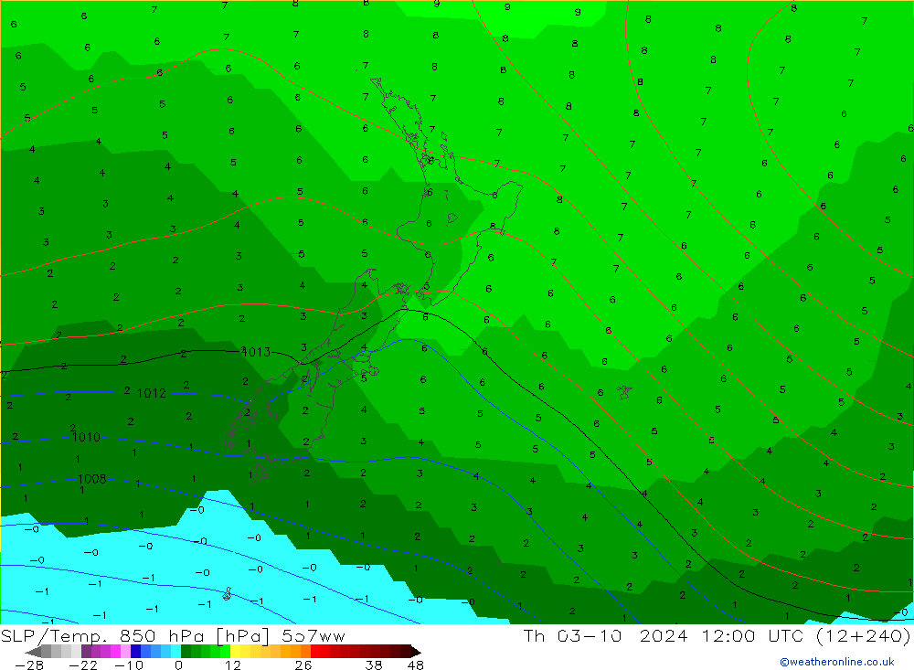 SLP/Temp. 850 hPa 557ww Th 03.10.2024 12 UTC