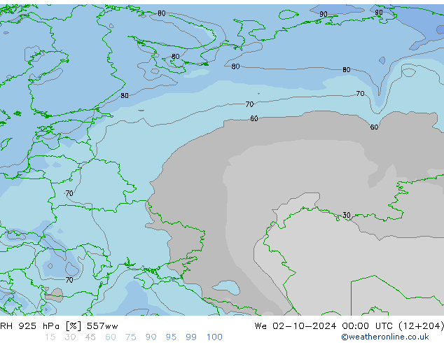 RH 925 hPa 557ww We 02.10.2024 00 UTC