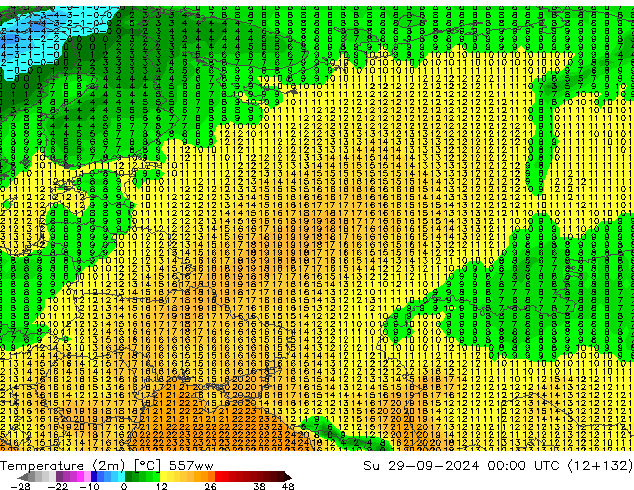 Temperature (2m) 557ww Su 29.09.2024 00 UTC