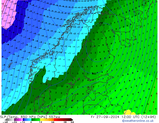 SLP/Temp. 850 hPa 557ww pt. 27.09.2024 12 UTC