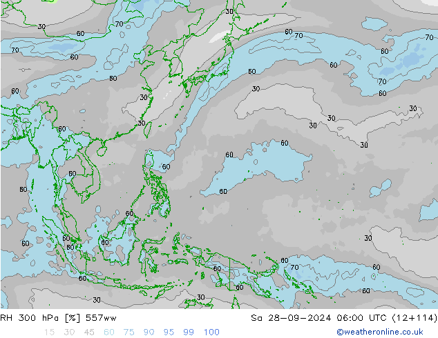 Humidité rel. 300 hPa 557ww sam 28.09.2024 06 UTC