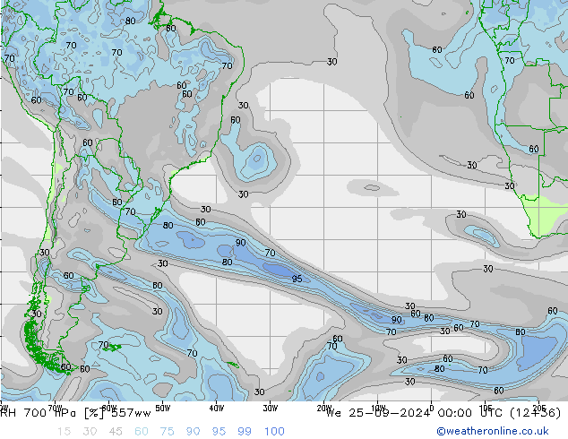 RH 700 hPa 557ww We 25.09.2024 00 UTC