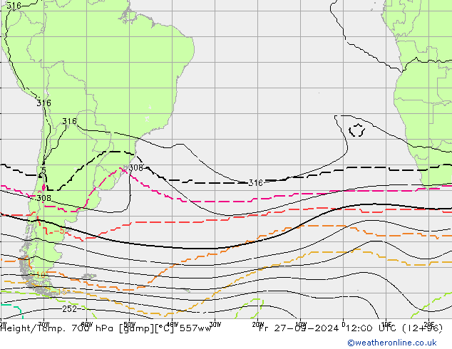 Hoogte/Temp. 700 hPa 557ww vr 27.09.2024 12 UTC