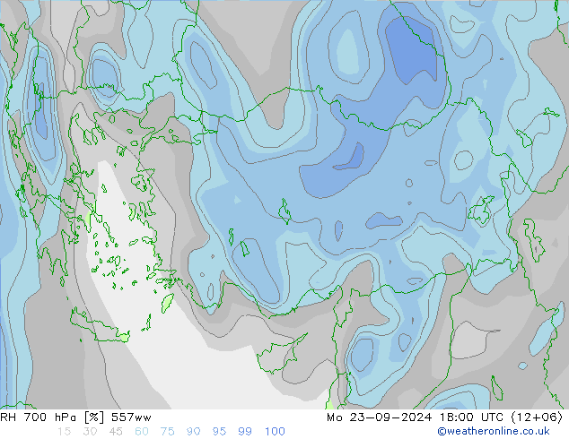 RH 700 hPa 557ww Mo 23.09.2024 18 UTC