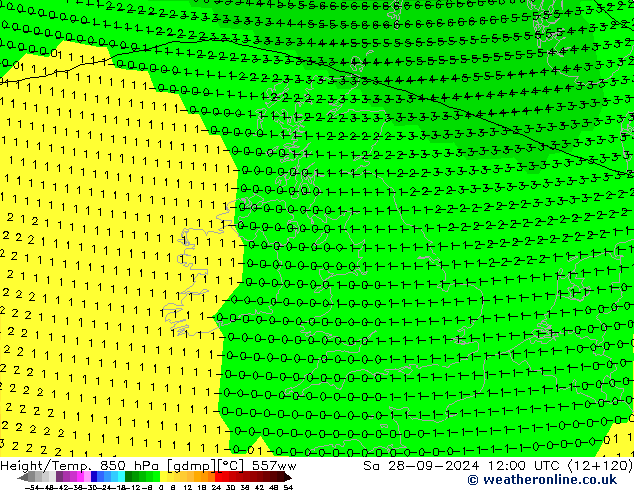 Hoogte/Temp. 850 hPa 557ww za 28.09.2024 12 UTC