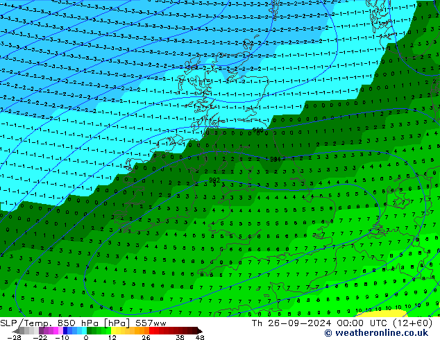 SLP/Temp. 850 hPa 557ww gio 26.09.2024 00 UTC