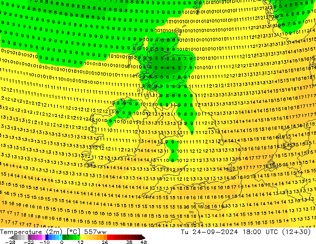 Temperature (2m) 557ww Tu 24.09.2024 18 UTC